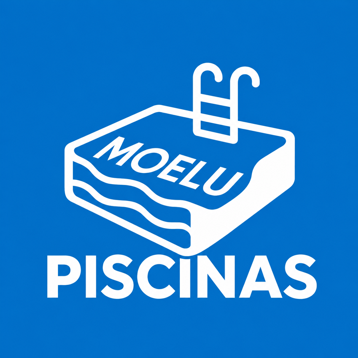 Logotipo Moelu Piscinas: piscina blanca en perspectiva sobre fondo azul